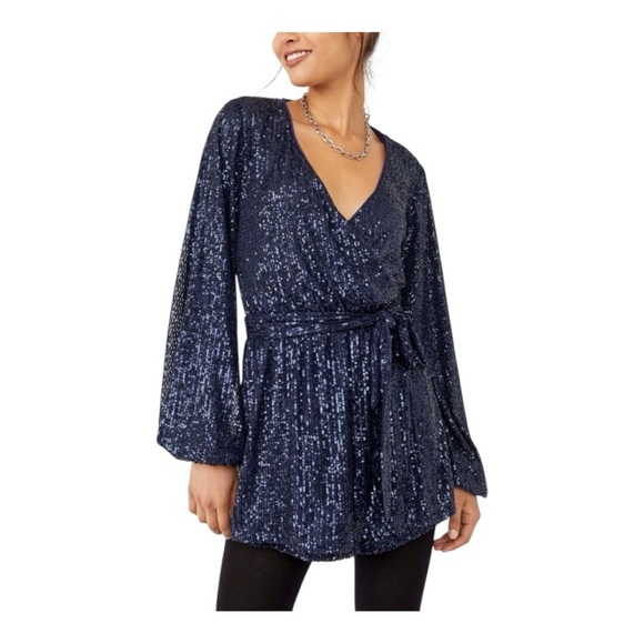 Free People Navy-Blue Christa Sequin Long Sleeve Romper. Size Small. - Picture 1 of 14